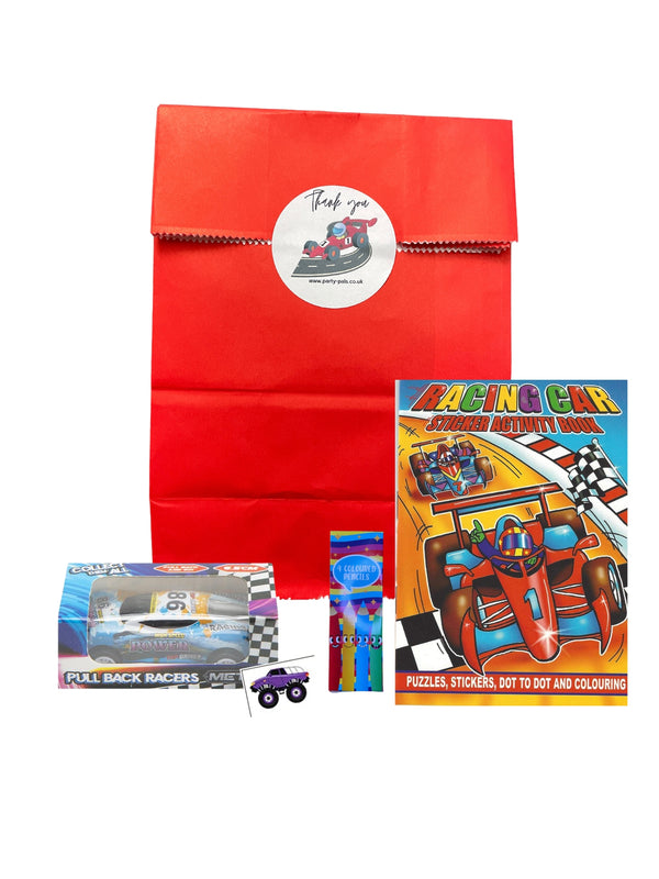 Racing Car Paper Party bag with Fillers, Party Favour, Party Bag ideas, Pre-filled Party Bags, Party Bags for Kids, Children's party Bags, Toy